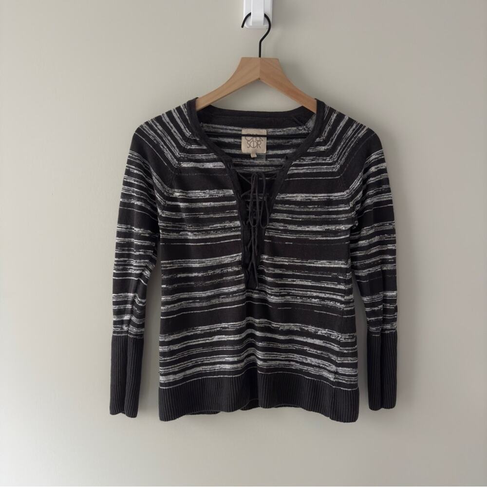 Revolve Chaser 100% Linen Lace Up Black and White Striped Sweater long sleeve XS